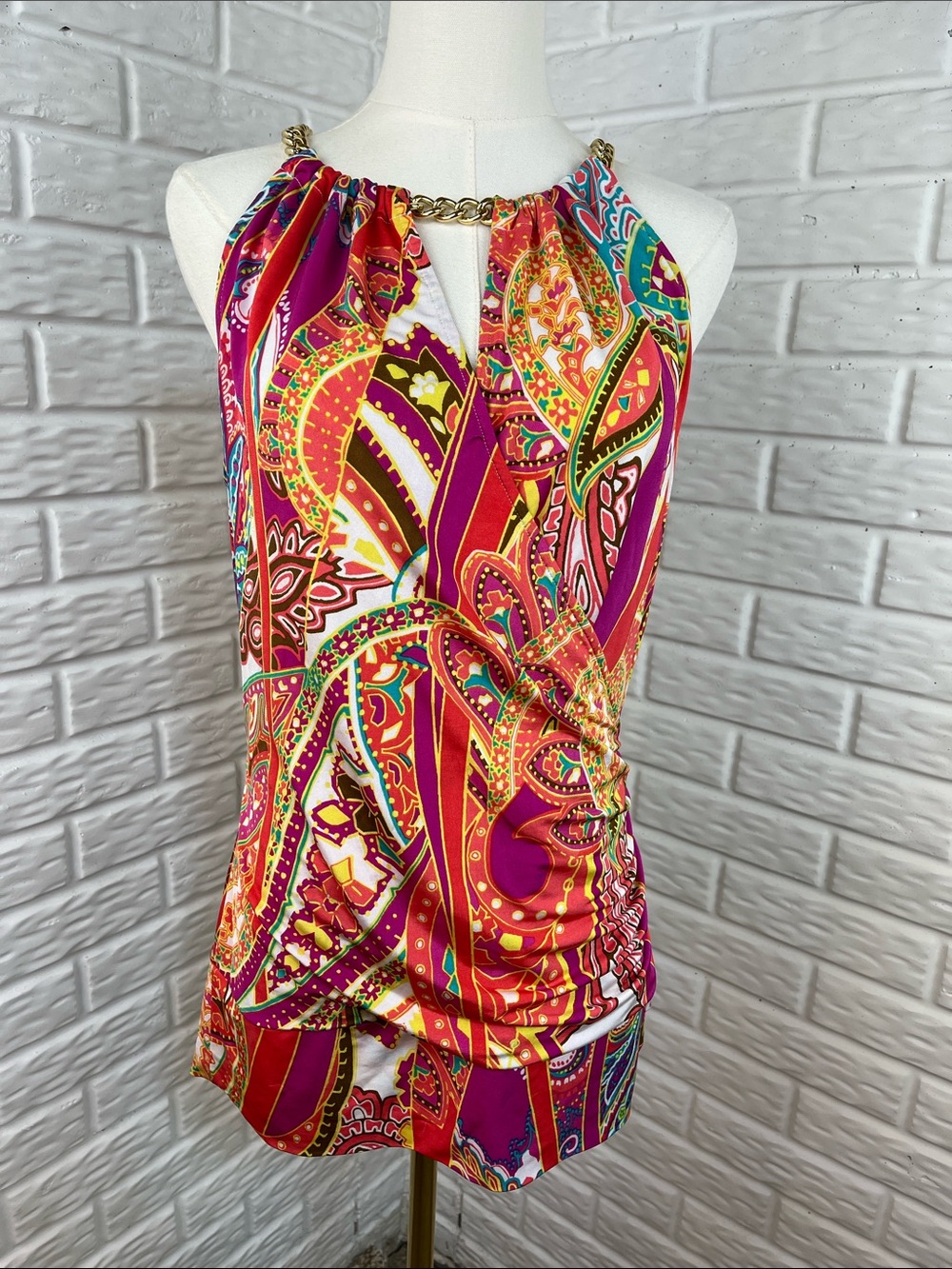 CACHÉ Y2K VINTAGE HALTER BLOUSE CHAIN COLLAR FAUX WRAP COLORFUL PAISLEY SZ LG